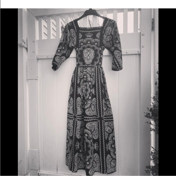 LAST ONE 💀 Handmade Black & White Skull Skeleton Print Bandana Maxi Dress - Picture 2 of 14